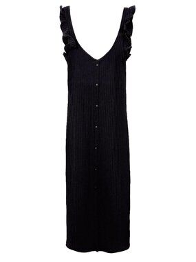 ZARA Button Front Ribbed Bodycon Midi Dress Frill Sleeve Black Size Small